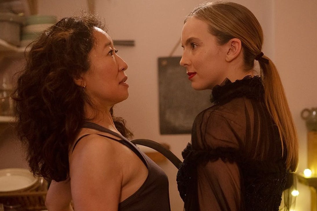 The two lead characters of Killing Eve embrace.
